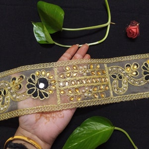 Gold Beaded Mirror Work Lace Trim - Indian Ribbon Border By The Yard image 6