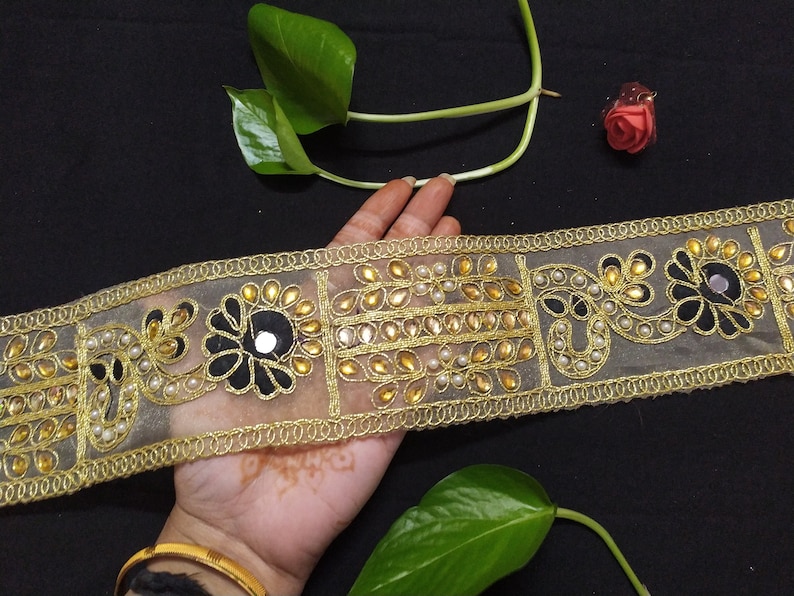 Gold Beaded Mirror Work Lace Trim - Indian Ribbon Border By The Yard image 6