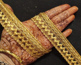 Gold Woven Ribbon Lace Trim - Indian Metallic Design - By The Yard