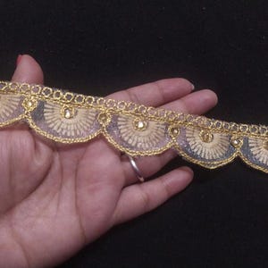 Cream And Gold Embroidered Beaded Fringe Trim - Indian Ribbon Embellishment, Sari Border