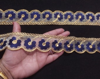 Indian Gold Embroidered Flower Trim - Blue & Cream Sari Border