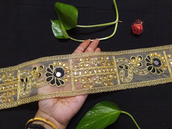 Gold Beaded Mirror Work Lace Trim - Indian Ribbon Border By The Yard