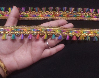 Indian Sari Trim: Multi-Color Tassels Fringe, Gold Sewing Border
