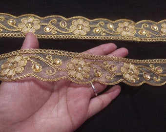Gold Beaded Net Trim: Indian Sari Ribbon Border - By The Yard