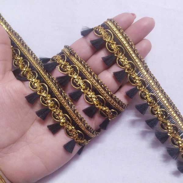 By Yard Indian Gold And Black  Tassels Trim , Gold Trim, Black Tassels Trim, Wholesale Trim, Gold Sari Trim, Tassels Trim, Sewing Border .