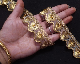 Indian Gold Embroidered Sari Trim: Beaded Fringe Ribbon
