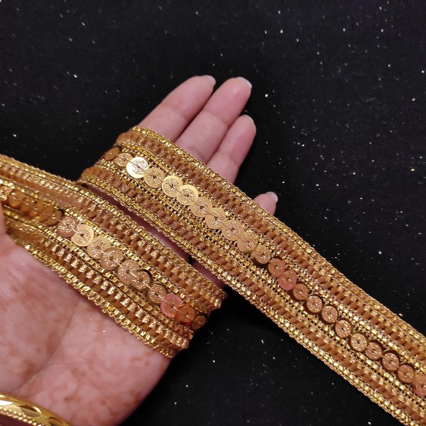 By Yard Indian Metallic Gold Color Trim, Gold Border, Gold Sequin Trim, Gold Sari Trim, Sewing Trim, Embellishment Trim, Gold Fabric Trim.