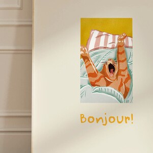 CAT Illustration ART PRINT, Bonjour Print, Colourful Wall Art, Cat Poster, Cat Lovers Gift, Warm and Fun Illustration, Funky Wall Art