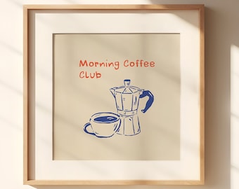 Morning Coffee Club Print, Cute Coffee Bar Decor, Trendy Kitchen Poster, Vintage Coffee Maker Print, Coffee Poster, Coffee Lover Gift