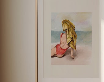 Impression femme sur la plage, art de la natation rétro, impression femme chic, tableau d'été, impression femme prenant un bain de soleil, illustration d'été, cadeau d'amant de l'été