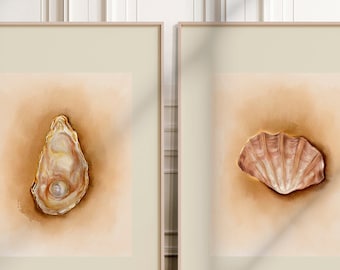 Oyster Shell Art, Seashell Print, Coastal Marine Beach Wall Art, Vintage Shell Poster, Watercolor Oyster, Coastal Home Gift, Beach House Art