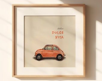 Dolce Vita print, Italiaanse auto poster, vintage nostalgie auto print, zalmroze, Italiaanse quote print, auto minnaar cadeau, reizen kunst aan de muur