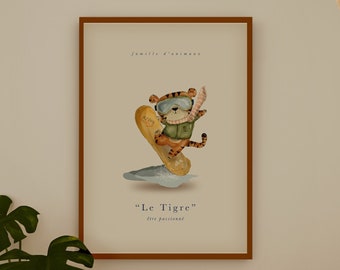 Tiger Snowboarding, Funny Animal Poster, Tiger Print, Kids Room Wall Art, Nursery Wall Print, Funny Snowboard Lover Gift, Boys Room, For Him