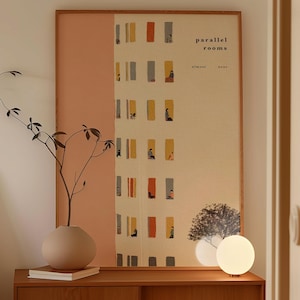 Arte urbana da parete, stampa artistica di un edificio contemporaneo, arte da parete per appartamento, illustrazione cittadina, poster con silhouette in finestra, appartamento dall'atmosfera suggestiva