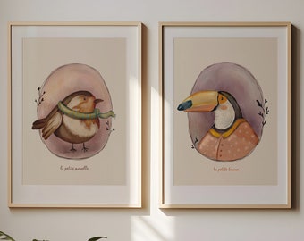 Nursery Bird Print Set of 2, Birds Paintings, Cute Little Bird, Vintage Bird Nursery Art, Prints for Kids, Toucan Print, Sparrow Poster