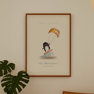 Impresión de pingüino haciendo kitesurf, pingüino divertido, impresión de surf, póster de aventuras al aire libre, regalo para surfistas, arte animal divertido, arte de surf