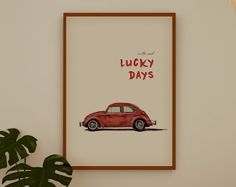 Classic Vintage CAR PRINT, Red Car Poster, Gift for Car Lover, Car Illustration, Lucky Days Print, Watercolor Car Digital Prints, For Him