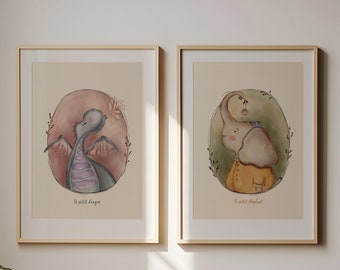 Nursery Elephant Wall Art, Nursery Baby Dragon Art, French Quote Nursery Room Wall Print, Baby Boy Gift, Watercolor Dragon,  Animal Poster