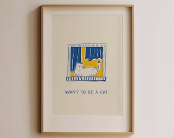 Funny Blue Cat Line Art Print: Minimalist Kitten Illustration (Digital Download)