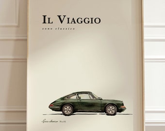 Classic Green Sport Car Print, Car Illustrations, Retro Car Poster, Gift for Him, Classic Car Poster, Car Lovers, Vintage Car Wall Art
