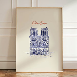 Carteles de viajes antiguos de Notre Dame, impresiones de destinos de viaje, póster de París, impresión de la ciudad dibujada a mano en azul, impresión de Notre Dame, regalo de cumpleaños