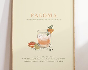 Paloma Cocktail Print, Pink Orange Cocktail Bar Poster, Signature Drink Sign Printable, Bar Cart Decor, Watercolor Cocktail Art