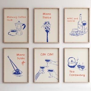 手描きキッチンプリント6枚セット、パスタプリント、ワインとチーズのアート、乾杯プリント、モーニングコーヒークラブポスター、赤と青のアート、フードラバー