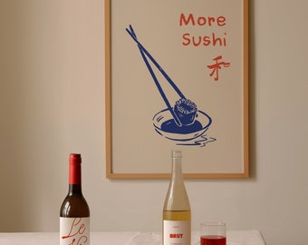 Japanese Print, Sushi Kitchen Print, Retro Kitchen Decor, Blue Line Art Food Poster, Sushi Chef, Food Lover, Foodie Gift,  Modern Art Poster