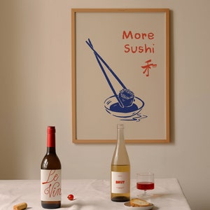 Impresión japonesa, impresión de cocina de sushi, decoración de cocina retro, póster de comida con arte de línea azul, chef de sushi, amante de la comida, regalo para amantes de la comida, póster de arte moderno