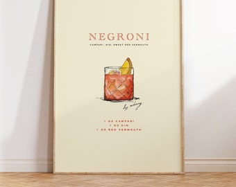 Impression d'art mural cocktail NEGRONI, chariot de bar, affiche de bar à cocktails, décoration de cuisine, recette de cocktail Negroni, cadeau pour homme
