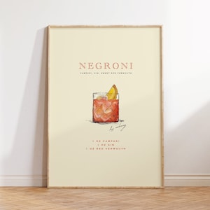 NEGRONI Cocktail Wall Art Bar Cart PRINT, plakat do baru z napojami, wystrój kuchni, przepis na koktajl Negroni, prezent dla mężczyzny