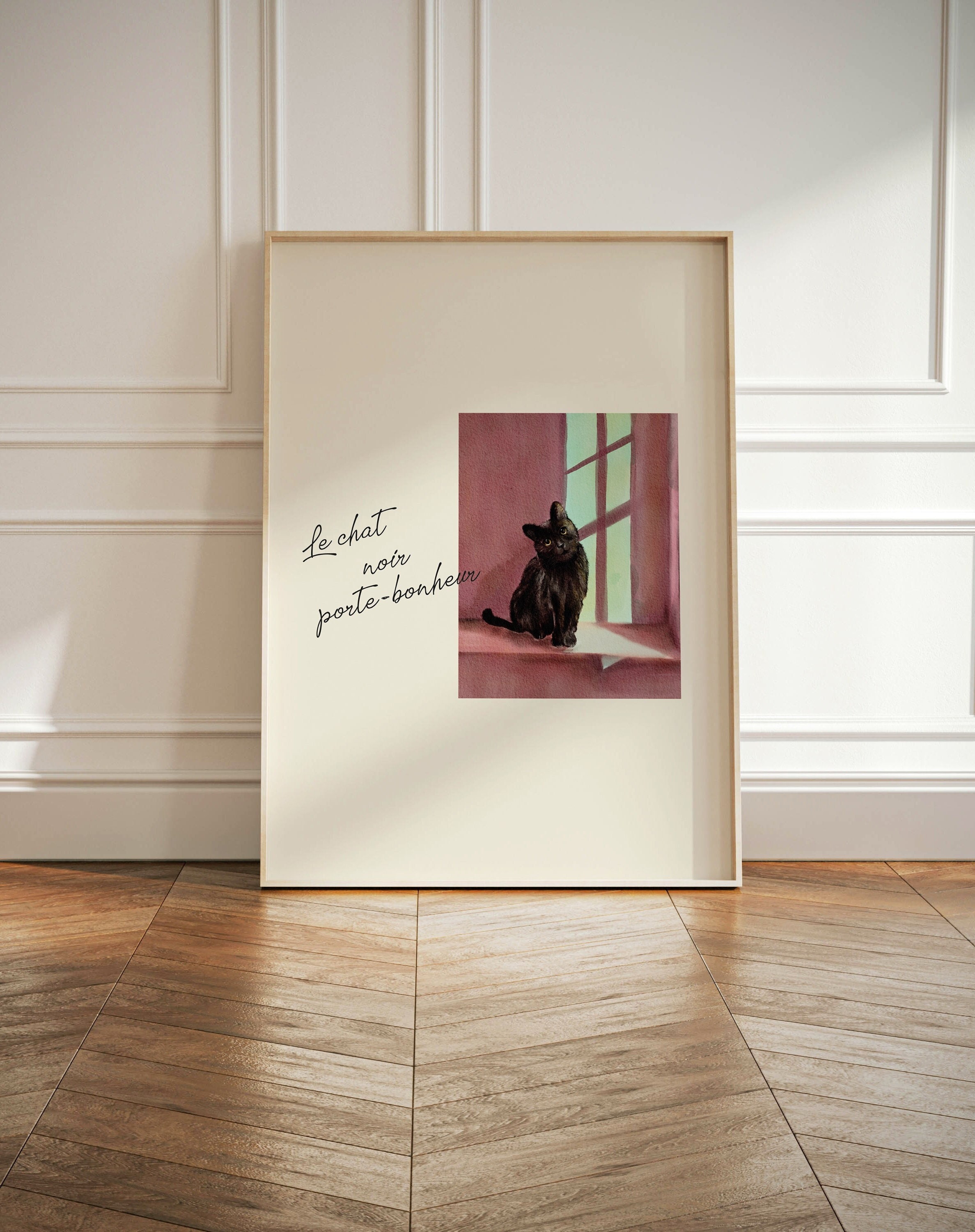 Black Cat Print, Animal Art Print, Cat Poster, Animal Boho Print, Cat Lover Gift, Kitten Wall Art, Cat French Quote Print, Lucky Cat Art
