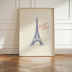 Eiffel Tower, Paris Art Print, City Poster, Blue Hand Drawn City Print, Eiffel Tower Line Art, Travel Art Gift, Paris Travel Poster