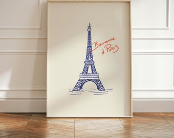 Könnte beinhalten: Ein beigefarbener gerahmter Druck mit einer blauen Linienzeichnung des Eiffelturms und dem Text "Bienvenue d'Paris" in Rot.