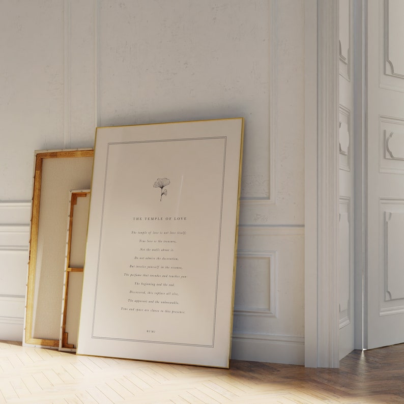 May include: A white framed print with a gold border featuring a black and white illustration of a flower. The print includes the text "The Temple of Love" and a poem about love.