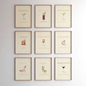 COCKTAIL DRUCK 9er SET, Retro Cocktail Galerie-Wand-Set, Getränke Wand-Dekor, Bar Warenkorb Wandkunst, Aperol, Negroni, Margarita, Mojito Poster