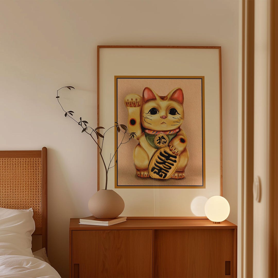 Maneki Neko Wall Art, Japanese Lucky Cat Print, Japandi Decor Poster ...