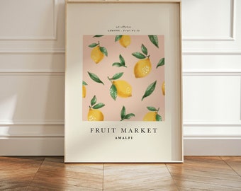 Fruit Market Print, Lemon Print, Yellow, Pink Kitchen Wall Decor, Fruit Print, Food Art, Citrus Wall Art, Vintage Food Art Print, Unframed