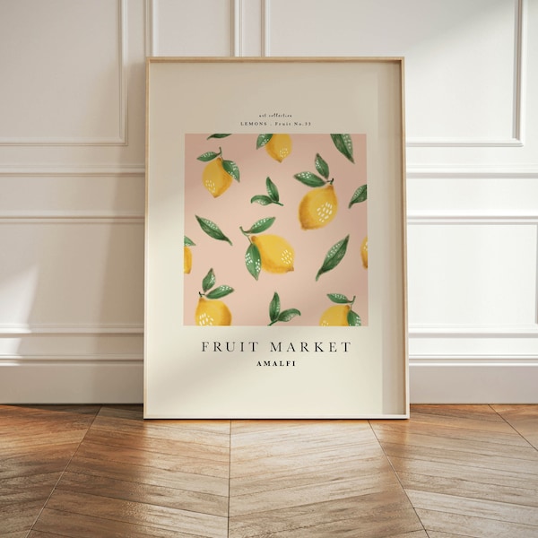 Fruit Market Print, Lemon Print, Yellow, Pink Kitchen Wall Decor, Fruit Print, Food Art, Citrus Wall Art, Vintage Food Art Print, Unframed