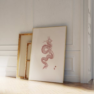 Minimale drakenschets muurafdruk, rode draken, feeënafdruk, drakensilhouet, krachtige dierenposter