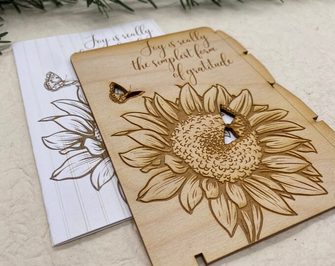 cards, gratitude card, inspiration card, sunflower card, give thanks card, wood engraved cards, laser engraved cards, tabletop cards, PCS007