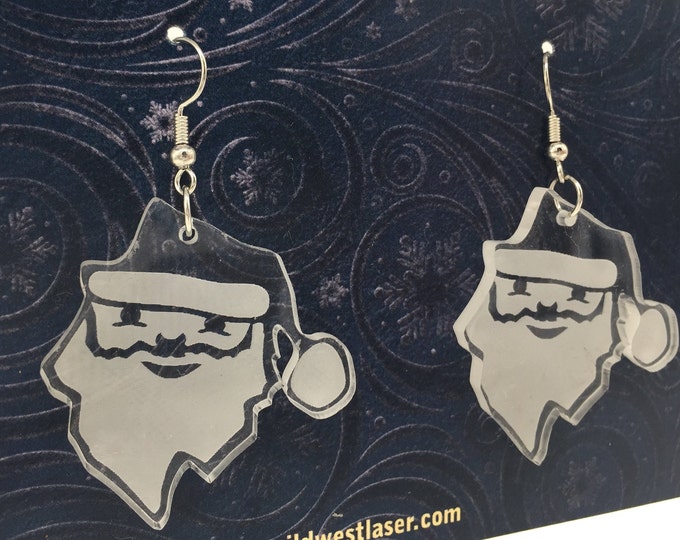Santa Clause earrings, Santa earrings, Christmas earrings, clear plexi earrings, laser cut earrings, Santa jewelry, E121
