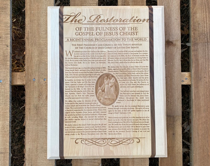 The Restoration, Bicentennial Proclamation, Proclamation 2020, wood engraved Bicentennial Proclamation, Restoration plaque, WP050