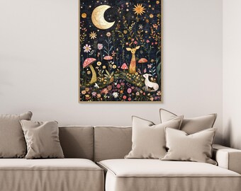 Enchanted Forest Canvas Art | Whimsical Woodland Creatures, Moon, Mushrooms (Nursery Wall Decor)