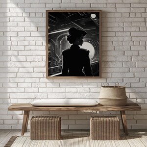Sci-Fi Silhouette Wall Art - Futuristic Space Scene Printable, Digital Cyberpunk Decor, Black and White Illustration for Walls 255