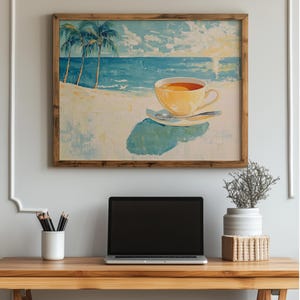 Coastal Beach Tea Cup Painting: Vintage Seaside Art Print (Digital Download