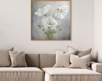 White Cosmos Flower Canvas Print, Minimalist Floral Wall Art