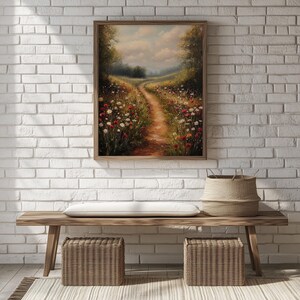 English Countryside Oil Painting: Rustic Wildflower Landscape Art (Digital Download