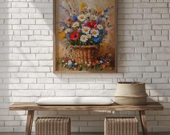 Wildflower Basket Oil Painting – Vintage Cottagecore Decor (Digital Download) 148