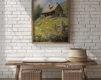 Rustic Cabin Landscape Painting: Appalachian Cottagecore Art (Digital Download) 374